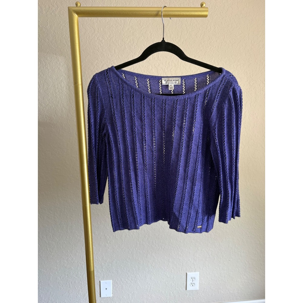 St John Sport Marie Gray Purple Wool Blend Pointelle Knit Sweater Top Petite P